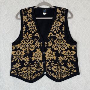 Vtg Sweater Vest Womens Small Blue Gold Metallic Knit Damask 80s 90s Old Money